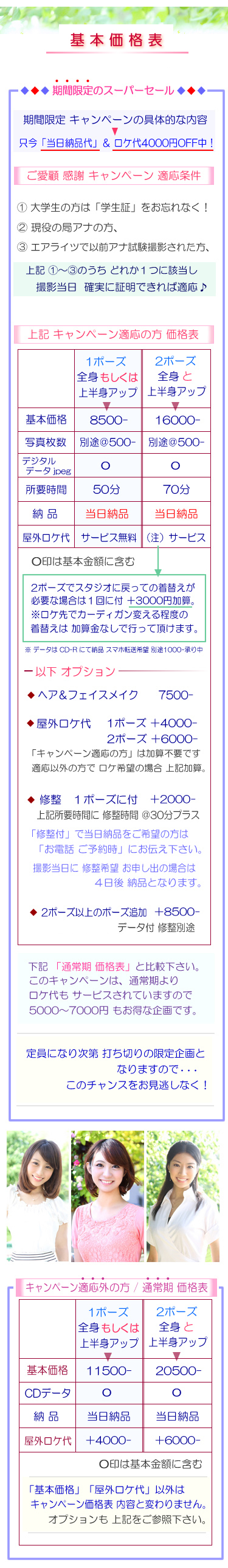 アナウンサー試験用の撮影価格表です